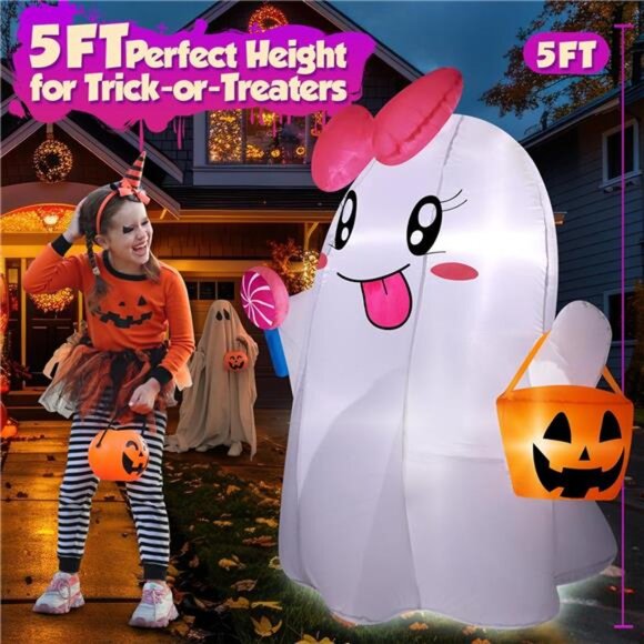 5FT Halloween Inflatables Ghost, Cute Halloween Decorations Outdoor Blow Up - Picture 2 of 7